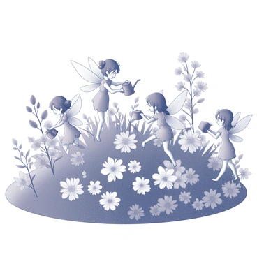 A garden filled with various types of flowers and plants, each with detailed petals and leaves. Tiny fairies, with delicate wings and intricate attire, are actively tending to the garden. Some fairies are watering the flowers with small watering cans, while others are trimming the leaves or arranging the plants. The garden is lush and abundant, with a variety of textures in the plants and a dynamic composition of the fairies interacting with their surroundings. Each fairy is portrayed with unique features, showcasing their role in this vibrant environment.