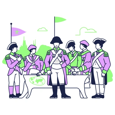 A historical scene of Napoleon standing at the center, celebrating a victorious battle with his generals. Napoleon is dressed in a military uniform adorned with medals and is wearing a bicorne hat. His expression is one of pride and triumph. Surrounding him are several generals in similar military attire, each displaying various expressions of victory and camaraderie. In the background, flags are waving, and the remnants of the battlefield can be seen. A map is spread out on a table nearby, and the generals are engaged in animated discussion over their next strategic moves.