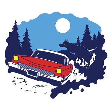 A red classic car is speeding down a dusty road, kicking up a cloud of dust behind it. The headlights of the car illuminate the path ahead, creating a dramatic scene. In pursuit of the car, a tall, menacing werewolf with glowing yellow eyes is sprinting, its fur bristling in the night air. Above, the full moon shines brightly, casting eerie shadows across the landscape. Surrounding the road are dark silhouettes of trees, adding to the tension of the chase.