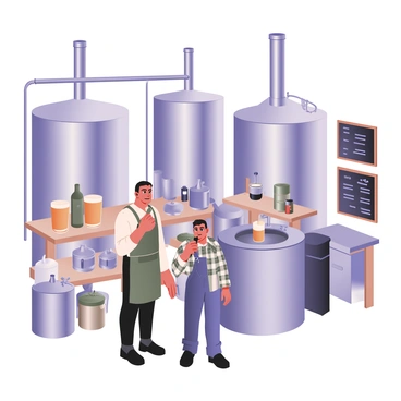 A digital flat illustration of a brewery interior featuring large stainless steel vats filled with freshly brewed beer. The vats occupy the background and are shiny, reflecting light. In the foreground, two brewers are tasting the beer; one brewer on the left has medium skin and is wearing a white shirt with a green apron, holding a small glass of beer up to his nose. The other brewer on the right has light skin and is dressed in a plaid shirt and denim overalls, observing the color of the beer in his glass. Surrounding them are various brewing equipment and ingredients placed neatly on wooden shelves, adding to the scene's authenticity. A chalkboard in the background displays the beer types available.
