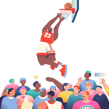 Michael Jordan is depicted soaring through the air in a dynamic pose, preparing to execute a slam dunk. He is wearing a red and white basketball uniform with his iconic number 23 on the jersey. His muscles are tense as he reaches towards the basketball hoop, which is positioned high above him. Below, a roaring crowd is visible, with fans wearing a variety of team apparel, their faces expressing excitement and anticipation. Colorful banners and signs are held up in the stands, adding to the vibrant atmosphere of the scene.