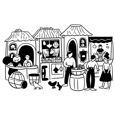 A lively medieval market scene filled with numerous stalls. Merchants are showcasing various goods, including baskets of fruits and vegetables, fabrics draped over tables, and pottery displayed prominently. Customers are interacting with the merchants, examining products closely. A large barrel is placed near one of the stalls, and a few chickens are wandering through the crowd. The market is surrounded by wooden buildings with thatched roofs, and banners are hanging from the stalls, adding to the vibrant atmosphere.