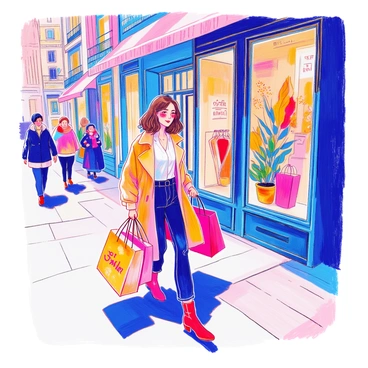A woman with shoulder-length brown hair is walking down a street. She is wearing a fashionable outfit that includes a light jacket and stylish boots. In her hands, she carries several shopping bags featuring "Art Deco" store designs, showcasing geometric patterns and vibrant colors. Behind her, there are elegant storefronts adorned with "Art Deco" architectural elements, such as intricate lines and decorative motifs. The sidewalk is bustling with other shoppers and there are potted plants lining the street.