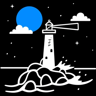A solitary lighthouse stands tall on a rocky shore, its beam of light sweeping across the dark waters of the ocean. The lighthouse is detailed, featuring a spiral staircase visible through the glass lantern at the top. Surrounding the lighthouse, waves crash against the rocks, creating a sense of movement and depth. Above, a large blue moon hangs in the sky, illuminating the scene with its glow. There are scattered clouds that partially obscure the moon, adding texture to the night sky. The composition conveys a sense of guidance and solitude.