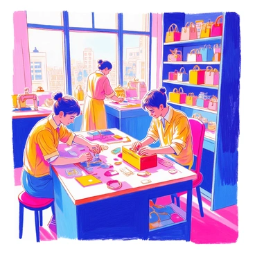 Inside a Chanel factory, several workers are focused on assembling bags with precision and care. Each worker is positioned at a workstation, equipped with various tools and materials. One worker is stitching together pieces of leather using a sewing machine, while another is carefully placing the iconic double C logo onto a bag. The workspace is organized, with shelves lined with different colored leathers and hardware components. Sunlight streams in through large windows, illuminating the skilled hands at work.