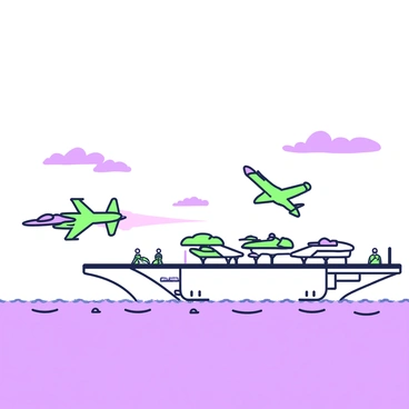 A fleet of jets is positioned on the flight deck of an aircraft carrier. The carrier is situated in the middle of a vast sea, with waves gently lapping against its hull. Several jets, equipped with sleek wings and distinct markings, are lined up, ready for takeoff. One jet is accelerating down the runway, with its afterburners ignited, creating a plume of smoke behind it. Another jet is in the process of lifting off the deck, with its landing gear retracting. The sky above is clear, and a few clouds can be seen in the distance, adding depth to the scene. The carrier's deck is bustling with crew members in uniform, preparing for the next launch.