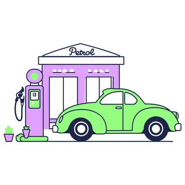 A vintage green car being refueled at an old-fashioned petrol station