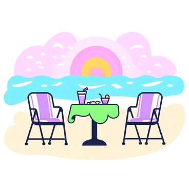A small round table is set on a sandy beach, with two chairs positioned on either side. The table is adorned with a colorful tablecloth, and on top of it, there are two glasses filled with a refreshing drink, accompanied by a small plate of snacks. The chairs are facing the ocean waves, which are gently rolling onto the shore. In the background, a vibrant sunset casts warm hues across the sky, creating a picturesque view. The soft sound of the waves complements the tranquil atmosphere of the scene.