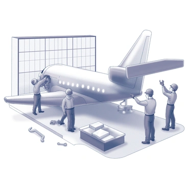A large airplane is positioned in a spacious hangar. Several technicians are actively inspecting the aircraft, each wearing safety gear such as helmets and gloves. One technician is examining the engine compartment, while another is checking the wing's surface. Tools are scattered around, including wrenches and screwdrivers, alongside maintenance manuals opened on a nearby workbench. The hangar’s high ceiling and large doors are visible, providing a sense of scale to the ongoing maintenance work.