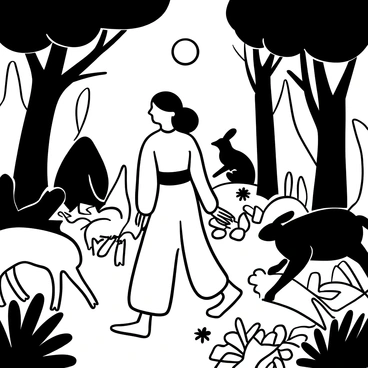 A goddess wearing a flowing traditional garment is walking gracefully through a dense forest. Surrounding her are various animals such as deer, rabbits, and birds that follow closely behind. The forest is filled with tall trees, rich foliage, and detailed patterns of leaves on the ground. Sunlight filters through the treetops, casting intricate shadows around her.