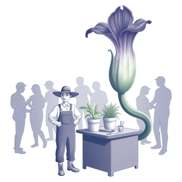 A gardener stands next to a large, blooming corpse flower, showcasing its impressive size and unique shape. The gardener, wearing gardening gloves and a sun hat, has a proud expression on their face. They are positioned beside a display table adorned with additional plants and gardening tools. The corpse flower towers above, with its dark green foliage and striking, deep purple spathe fully open, revealing the fascinating inner structure. Various attendees can be seen admiring the flower in the background, capturing the lively atmosphere of the plant show.