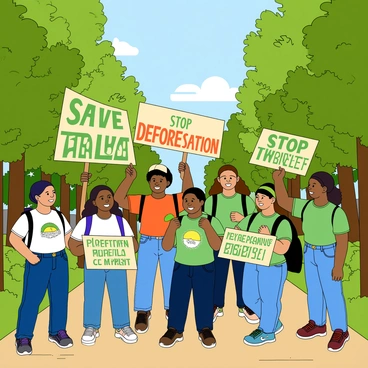 A diverse group of activists stands together in an open area filled with lush green trees and vibrant foliage. Each activist holds a colorful sign with messages such as "Save Our Trees" and "Stop Deforestation," prominently featured in bold letters. Some activists wear t-shirts with nature-themed designs, while others don hats and backpacks. The expressions on their faces show determination and passion as they rally for their cause. The surrounding trees are tall and healthy, with sunlight filtering through the leaves, casting playful shadows on the ground.