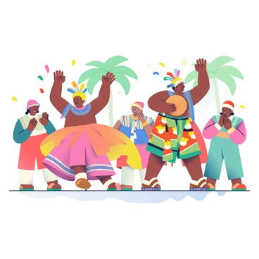 Several participants in an African festival are dressed in elaborate and colorful costumes. One participant, with dark skin and a bright feathered headdress, is performing a traditional dance with arms raised high. Another participant wears a vibrant, patterned outfit adorned with beads and intricate embroidery, holding a hand-carved drum. Confetti and flower petals are scattered on the ground, creating a festive atmosphere. Surrounding them, other participants in similar colorful attire are clapping and cheering, enhancing the lively celebration. The background features tall palm trees and festive decorations, contributing to the ambiance of the festival.