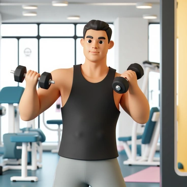 A gym-goer, wearing a black tank top and gray gym shorts, is standing in front of a large mirror. They are holding a pair of dumbbells, lifting them for bicep curls. Their muscles are visibly engaged and their expression shows focus and determination. The gym is equipped with various exercise machines and equipment in the background, creating an energetic atmosphere. The lighting highlights the gym-goer's form as they maintain a proper posture during the exercise.