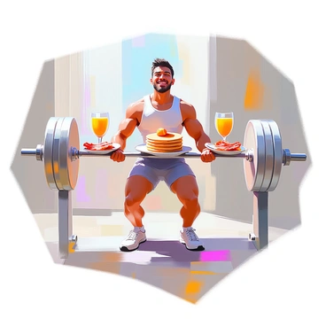 A person with medium skin tone is standing in a gym, preparing to lift a barbell. The barbell is loaded with various breakfast items, including a stack of pancakes, a plate of crispy bacon, and a glass of orange juice balanced precariously at each end. The individual is wearing a tank top and gym shorts, looking focused yet amused at the unusual setup. Their hands grip the barbell firmly, and they have a playful expression on their face. Bright morning light fills the gym, creating a lively atmosphere.