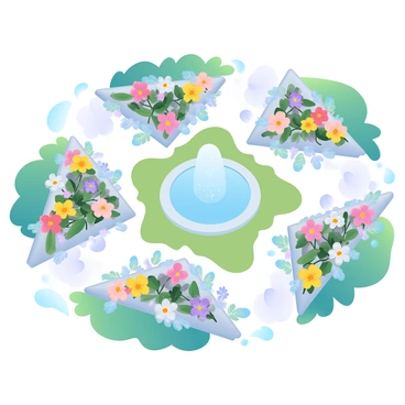 A whimsical garden filled with vibrant flower beds arranged in triangular shapes, creating intricate patterns that highlight trigonometric designs. Each triangular bed is bursting with colorful flowers, featuring a mix of blossoms in various hues such as pink, yellow, violet, and orange. Pathways weave between the beds, made of smooth stones and edged with small green plants. In the center, a decorative fountain adds a touch of elegance, surrounded by a circular arrangement of flowers. Lush greenery fills the spaces surrounding the floral triangles, contributing to the playful and geometric appearance of the garden.