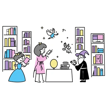 A library with tall shelves filled with books, some of which are floating mid-air. The books vary in size and color, some open with pages fluttering gently. In the center, a classic fairy tale character, a princess in a flowing gown, is reaching for a book. Nearby, a whimsical fairy with delicate wings flits around, while a brave knight stands with his sword sheathed at his side. In the background, a wizard with a long beard and a pointed hat observes the scene, positioning himself next to a glowing orb on a nearby table.