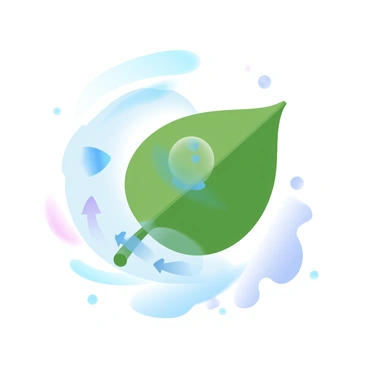 A single green leaf is positioned in the center of the image, with a transparent cut-out section revealing its inner structure. The cut-out showcases cell membranes and fluid-filled vacuoles, with arrows indicating the movement of water molecules in and out of the cells to illustrate the process of osmosis. The background features a soft gradient of pastel colors that enhances the detail of the leaf and its internal components, creating a dynamic visual effect.