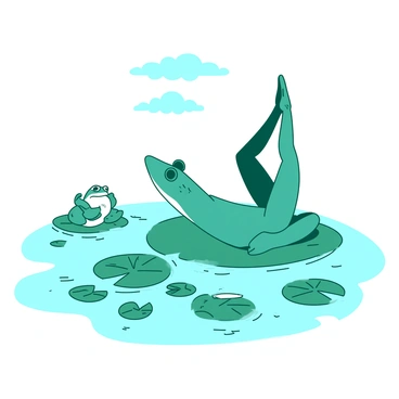 A teal frog is stretching in a yoga pose on a green lily pad. Next to it, a white toad is also in a yoga position, focused and balanced. The pond is filled with round lily pads floating on the water, and small ripples are forming around them. Above the pond, the sky is clear with a few fluffy white clouds. The scene conveys a sense of calmness as the frog and toad concentrate on their practice.
