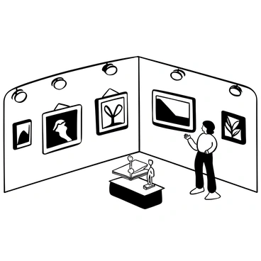 A small art gallery with a simple design and clean lines. The walls are adorned with miniature versions of famous paintings, each framed elegantly. Some paintings depict landscapes, while others feature portraits and abstract designs. There are small spotlights illuminating each artwork, casting subtle shadows on the wall. In the center of the gallery, there is a low table displaying an open art book. A pair of miniature sculptures are placed on the table, adding to the artistic atmosphere of the space. The floor is polished and reflective, enhancing the overall presentation of the gallery.