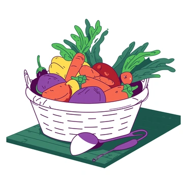 A duotone illustration features a white basket overflowing with an assortment of freshly picked vegetables. The basket is woven with intricate patterns and is placed on a dark green wooden table. Inside the basket are vibrant orange carrots with their green tops still attached, deep red tomatoes, a few yellow bell peppers, and purple eggplants. Surrounding the basket, there are scattered green leaves and a spade leaning against the table, suggesting the recent harvest from a potager garden. The sunlight casts gentle shadows, enhancing the fresh appearance of the vegetables.