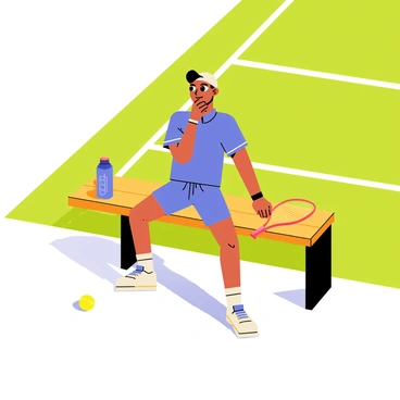 A player wearing a bright blue sports uniform is sitting on a wooden bench next to a green grass court. The player has a focused expression, with their chin resting on one hand, showcasing a thoughtful demeanor. A tennis racket is lying next to them on the bench, and a water bottle sits on the ground beside the bench. In the background, the grass court is neatly manicured, with white lines marking the boundaries. The sun is shining down, casting gentle shadows on the court and creating a warm, inviting atmosphere.