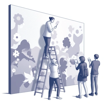 An artist is standing on a ladder, working on a large mural that covers a wall. The artist is focused on their task, applying paint to the surface with a brush. The mural features various uplifting imagery, such as "people helping each other," "children playing," and "symbols of hope" like "sunflowers" and "doves." The surrounding area is lively, with onlookers admiring the work, some taking photographs. The scene conveys a sense of community engagement and enthusiasm for the creative process.