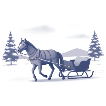 A horse-drawn sleigh is gliding smoothly across a snowy landscape. The sleigh has a traditional design, featuring curved runners and a cushioned seat. The horse, a strong and majestic animal, is wearing a harness that holds colorful jingling bells. Snowflakes are gently falling from the sky, creating a soft blanket on the ground. Pine trees are scattered around, their branches heavy with snow. In the distance, gentle hills rise beneath a cloudy sky. The scene captures the peacefulness of a winter day.