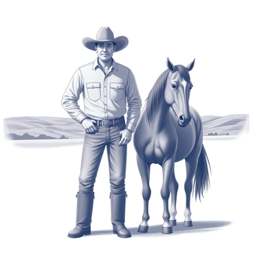 A rancher wearing a "cowboy hat" and "boots" stands beside a "trusty horse." The rancher has a rugged appearance, with weathered skin and a confident stance. The horse, a large and muscular animal, stands patiently next to the rancher, displaying a glossy coat. The scene captures the bond between the rancher and their horse, emphasizing their readiness for the day’s work on the ranch. The background features a vast open landscape, possibly with rolling hills and sparse vegetation, showcasing the rural setting.