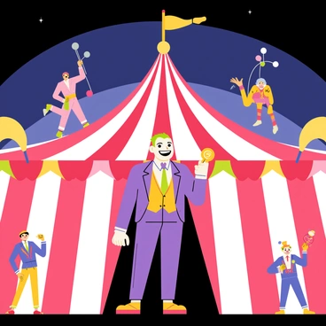 A large, colorful circus tent with red and white stripes illuminated under a starry night sky. "The Joker," a character with green hair and a white face, dressed in a bright purple suit, stands at the entrance of the tent as the ringmaster. He holds a golden microphone and sports a wide grin. Around him, various performers are positioned, including a strongman flexing his muscles, a trapeze artist in mid-air, and a clown juggling balls. Colorful spotlights shine down on the performers, highlighting their vibrant costumes and dynamic poses.