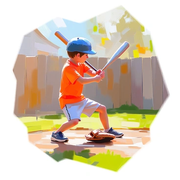 A young boy with short brown hair is practicing baseball swings in a sunny backyard. He is wearing a bright red t-shirt and blue shorts, and he grips a shiny aluminum baseball bat tightly. His baseball glove, made of brown leather, is resting on the ground nearby. The background features green grass and a wooden fence, with sunlight casting soft shadows on the ground. The boy is focused and determined, ready to take his next swing.