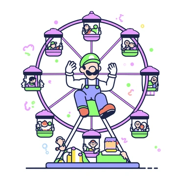 A cartoon character resembling Luigi is seated in a gondola of a Ferris wheel, with a wide smile on his face. He is wearing a green cap, blue overalls, and a white shirt. Around him, colorful carnival lights and decorations are visible, creating a lively atmosphere. The Ferris wheel is elevated, showcasing several other gondolas filled with laughing visitors. Below, carnival booths and entertainers can be seen, contributing to the festive scene.