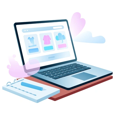 A laptop is placed on a wooden desk, displaying an online store interface. The screen features various product categories, including electronics, clothing, and home goods, each represented by colorful icons. A shopping cart icon is visible in the top corner of the screen. The laptop is sleek and modern, with a keyboard slightly illuminated. Surrounding the laptop are a notebook and a pen, adding to the workspace atmosphere.