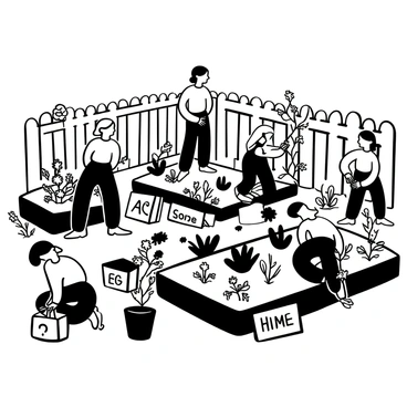 A community garden with wilting plants being tended by hopeful gardeners