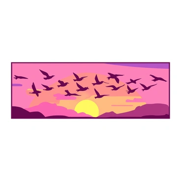Flocks of birds are flying in a precise formation against the backdrop of a sunset sky. The sky is filled with vibrant hues, transitioning from a deep orange to a soft pink as the sun sets on the horizon. Each bird is silhouetted against this colorful canvas, their wings spread wide as they glide gracefully through the air. The formation is tight, with the birds creating a seamless line that stretches across the sky, evoking a sense of unity and movement.