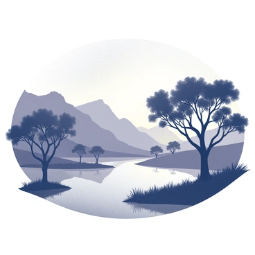 Silhouettes of trees with sprawling branches and sharp leaves are positioned prominently against a backdrop of rugged mountains. The mountains rise dramatically, their peaks jutting into the sky. In the foreground, the tranquil Jordan River flows, reflecting the shapes of the silhouettes. The scene is set during evening, capturing the intricate outlines of the trees and mountains against the "colorful evening sky," which is filled with varying shades.