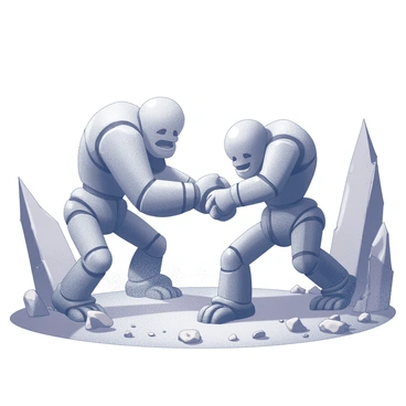 Two golems clashing in a fierce but epic battle in a rocky arena.