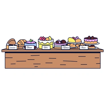 A rustic bakery counter made of weathered wood, featuring a display of assorted tortes. Each torte has distinct decorations; some are topped with fresh fruits while others are adorned with chocolate shavings. Handwritten labels in elegant script describe each torte flavor, placed carefully in front of their respective treats. The counter is complemented by an assortment of baked goods such as bread rolls and pastries arranged neatly alongside the tortes.