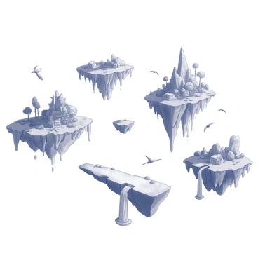 A series of floating islands, each featuring distinct topography and vegetation, are suspended in a clear sky. The islands vary in size and shape, some are rugged with steep cliffs, while others are lush and covered with trees and plants. Waterfalls cascade from the edges of the islands, creating streams that shimmer in the sunlight. Birds can be seen soaring between the islands, their wings spread wide as they navigate the open air. Each island has unique structures, such as small houses or bridges, adding to the enchanting atmosphere of this aerial landscape.
