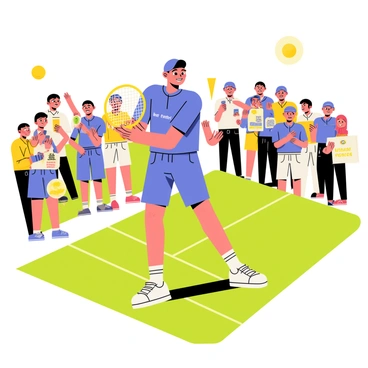 A tennis player in a bright blue uniform is in mid-swing with a racket, hitting a yellow tennis ball. The player has a focused expression and is positioned on a green tennis court. In the background, an enthusiastic crowd is cheering, with various fans waving colorful banners and wearing hats. Some spectators are standing and clapping, while others are capturing the moment with their phones. The sun is shining brightly, casting shadows on the court, creating a lively atmosphere for the exhibition match.