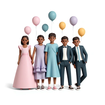 A group of children, three girls and two boys, are standing together at a fancy dress party. The girls are wearing elegant dresses: one in a long, flowing pink gown with lace details, another in a bright blue dress with twinkling sequins, and the last in a lavender dress with ruffled sleeves. The boys are dressed in stylish suits: one in a classic black suit with a white shirt and a bow tie, and the other in a navy blue suit with a light blue shirt and a patterned tie. Colorful balloons in various shapes and sizes float around them, creating a festive atmosphere. The children are smiling and posing together, showcasing their outfits.