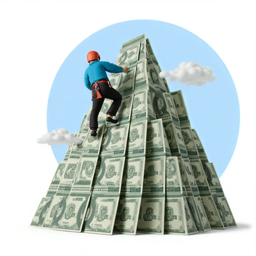 A climber wearing a red helmet and a bright blue jacket is scaling a mountain made entirely of stacked dollar bills. The mountain has a textured surface with visible creases and folds of the bills, creating a challenging and dynamic climbing environment. The climber's harness is securely fastened, and they are using both hands to grip onto the edges of the bills. In the background, there is a clear blue sky with a few fluffy white clouds, emphasizing the height of the dollar bill mountain. The scene captures the sense of adventure and determination as the climber ascends.