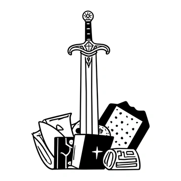An ornate medieval sword with a detailed hilt, featuring intricate carvings and embellishments, is displayed prominently against a textured background. The blade of the sword is long and elegantly shaped, reflecting the craftsmanship of its time. Surrounding the sword are various historical artifacts, such as a leather-bound book and an ancient scroll, which hint at a rich narrative. The overall composition evokes a sense of history and craftsmanship.