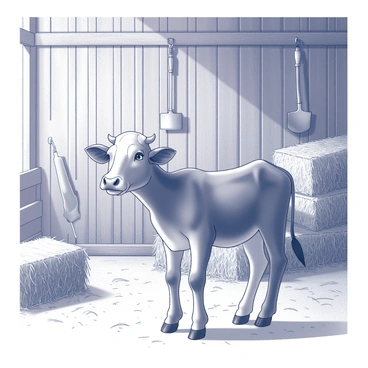 A two-headed calf is standing in a barn, its curious expression highlighting both heads as they look around. The barn interior is filled with bales of hay stacked in one corner and various farming tools hanging on the wooden walls. Sunlight streams through gaps in the barn's wooden slats, casting shadows across the floor. The calf's body is partially obscured by hay, adding texture to the scene, while the tools include a pitchfork and a shovel, hanging neatly above the ground.