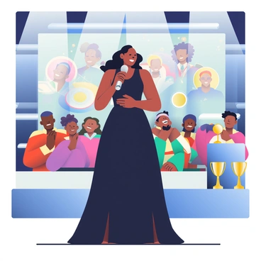 Serena Williams is standing on a stage at an award ceremony, wearing an elegant black gown. She has her hair styled in loose waves cascading down her shoulders. Her expression is confident and passionate as she speaks into a silver microphone. In the background, there are large screens displaying images of her career highlights. The audience in front of her is captivated, with some individuals clapping and smiling. On the side of the stage, there are gold trophies and awards displayed prominently. Bright lights illuminate the scene, creating a vibrant atmosphere.