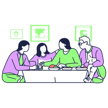 A family is gathered around a rectangular table in a cozy room. The table is set with a light-colored tablecloth and dishes of food are placed in the center. One family member, a young adult, is seated at the table, looking thoughtful, while others are leaning in to listen and support. An older man with glasses is sitting on one side, holding the young adult's hand gently. A woman with medium-length hair is sitting next to them, her expression showing concern and care. A younger child is sitting across from them, drawing a picture on a piece of paper, glancing up occasionally. The room is warmly lit, with a few family photos displayed on the walls, contributing to the comforting atmosphere.