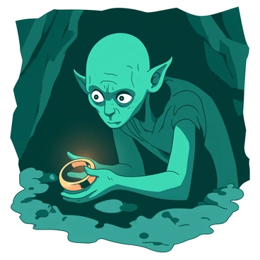 A teal figure resembling Gollum is hunched over in a dark cave, illuminated by a soft light reflecting off the One Ring in his hands. The One Ring glows with an orange hue, casting a faint light on Gollum's pale, gaunt face, which is filled with a mix of longing and obsession. The cave walls are rough and jagged, creating a stark contrast to the smooth, shiny surface of the ring. Gollum's large, wide eyes are fixed intently on the ring, emphasizing his twisted fascination with it.