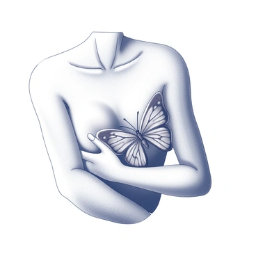 A butterfly with detailed wings is gently resting on a person's chest. The person's heart is depicted as slightly exposed, symbolizing vulnerability. The surrounding area is filled with soft, flowing lines that enhance the emotional connection between the butterfly and the heart. The person's expression conveys a sense of peace and tranquility, embodying the sentiment of an inner hug. The overall composition emphasizes the intimate bond between the individual and the butterfly, highlighting themes of love and comfort.