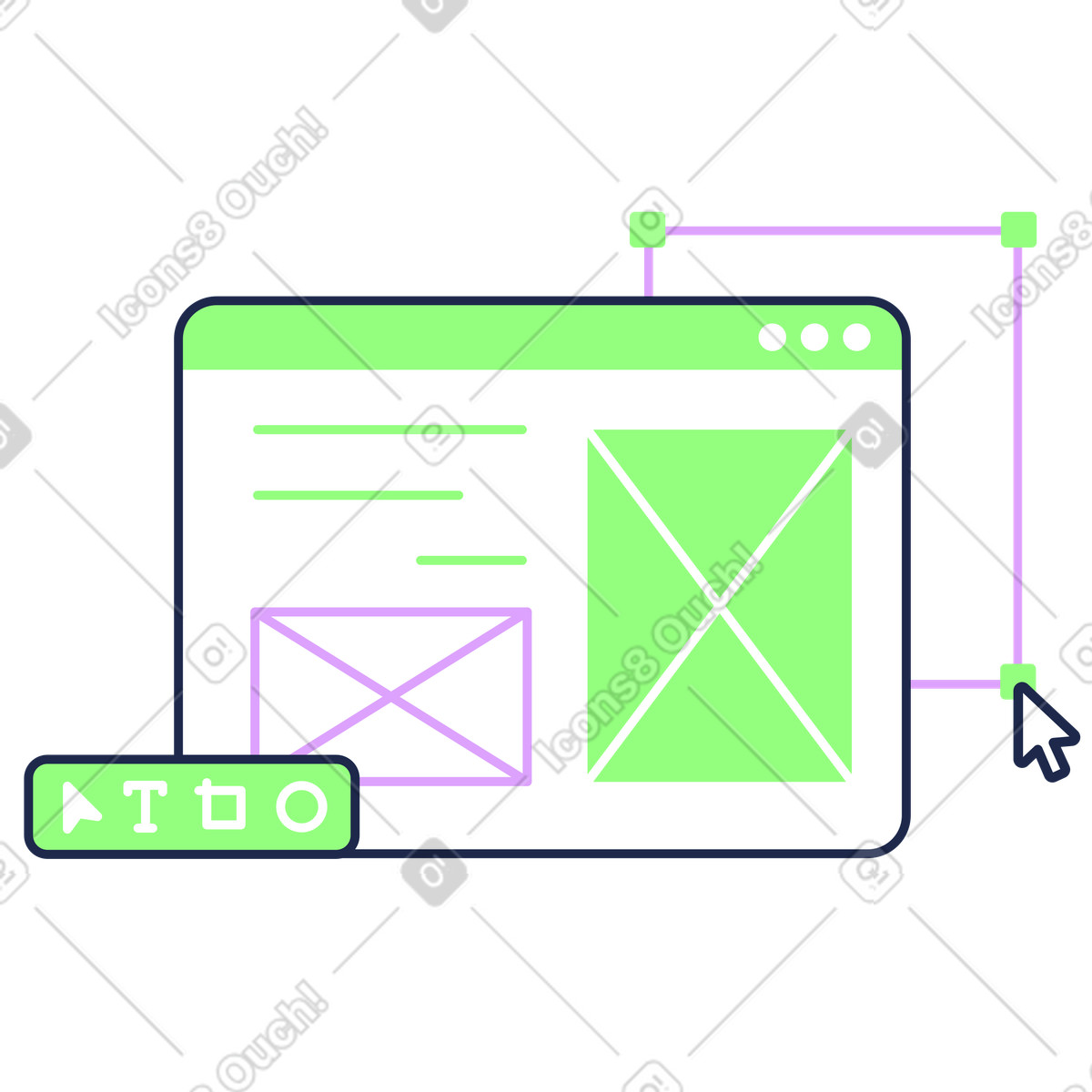 Browser con interfaccia sito web e barra degli strumenti illustrazione in stile Outline scarica in PNG, SVG