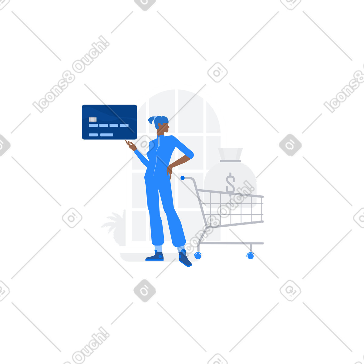 Shopping cart with cash and customer holding card, Digital finance illustration in Urban style download in PNG, SVG
